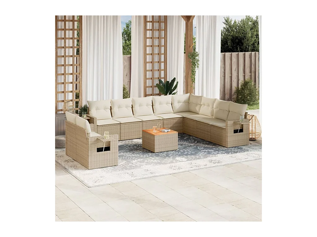 Salon de jardin 11 pcs avec coussins beige résine tressée