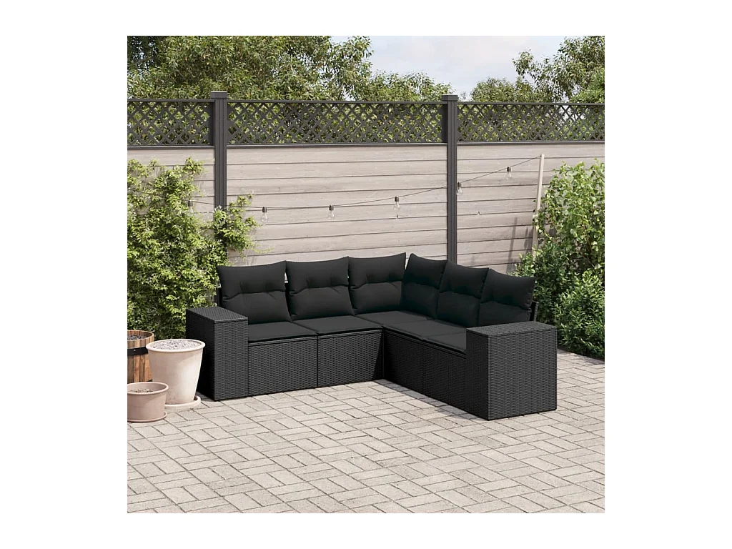 Salon de jardin 5 pcs avec coussins noir résine tressée