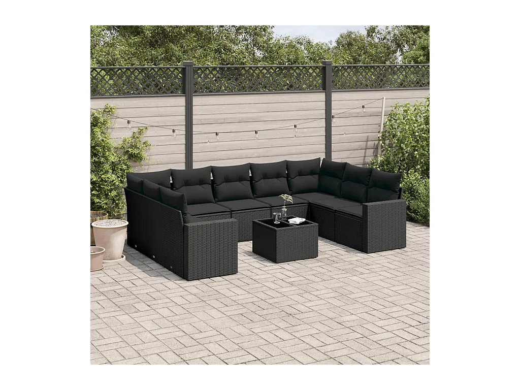 10-delige Loungeset met kussens poly rattan zwart