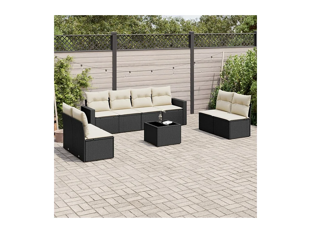 9-delige Loungeset met kussens poly rattan zwart