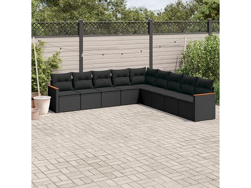 Salon de jardin 9 pcs avec coussins noir résine tressée