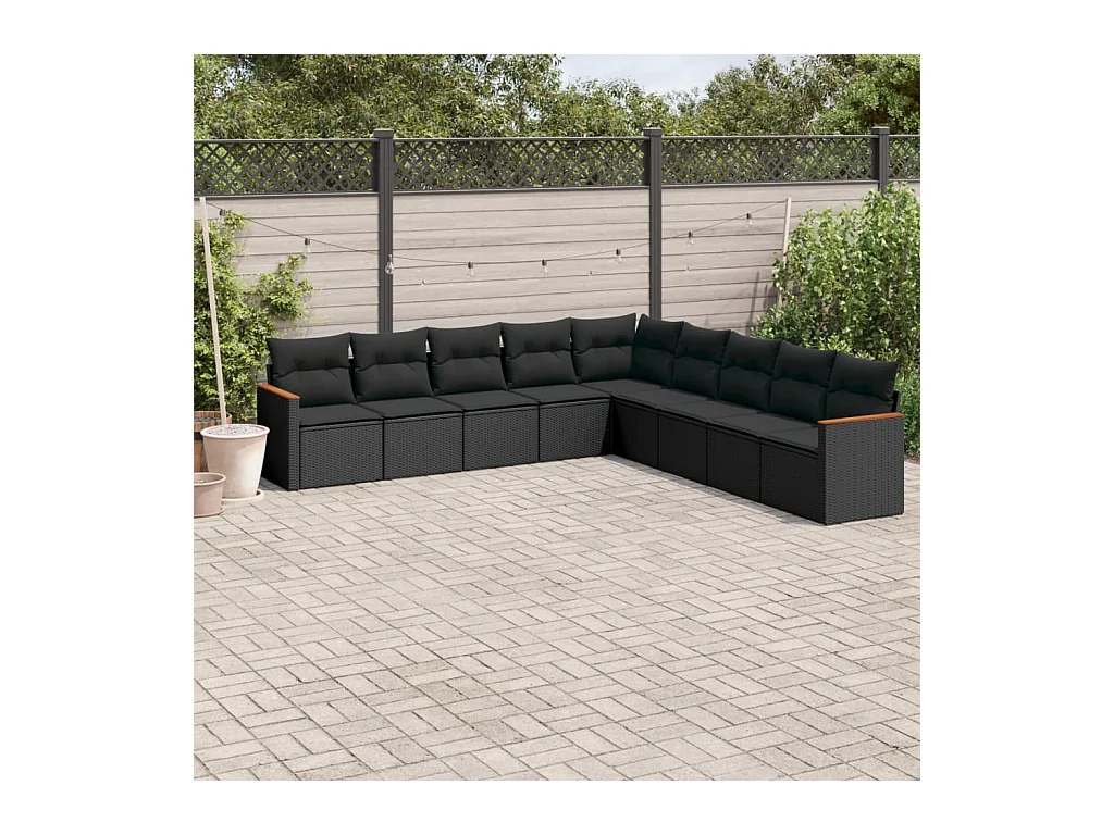9-tlg. Garten-Sofagarnitur mit Kissen Schwarz Poly Rattan