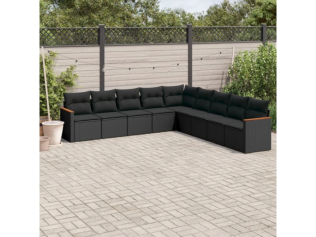 9-tlg. Garten-Sofagarnitur mit Kissen Schwarz Poly Rattan