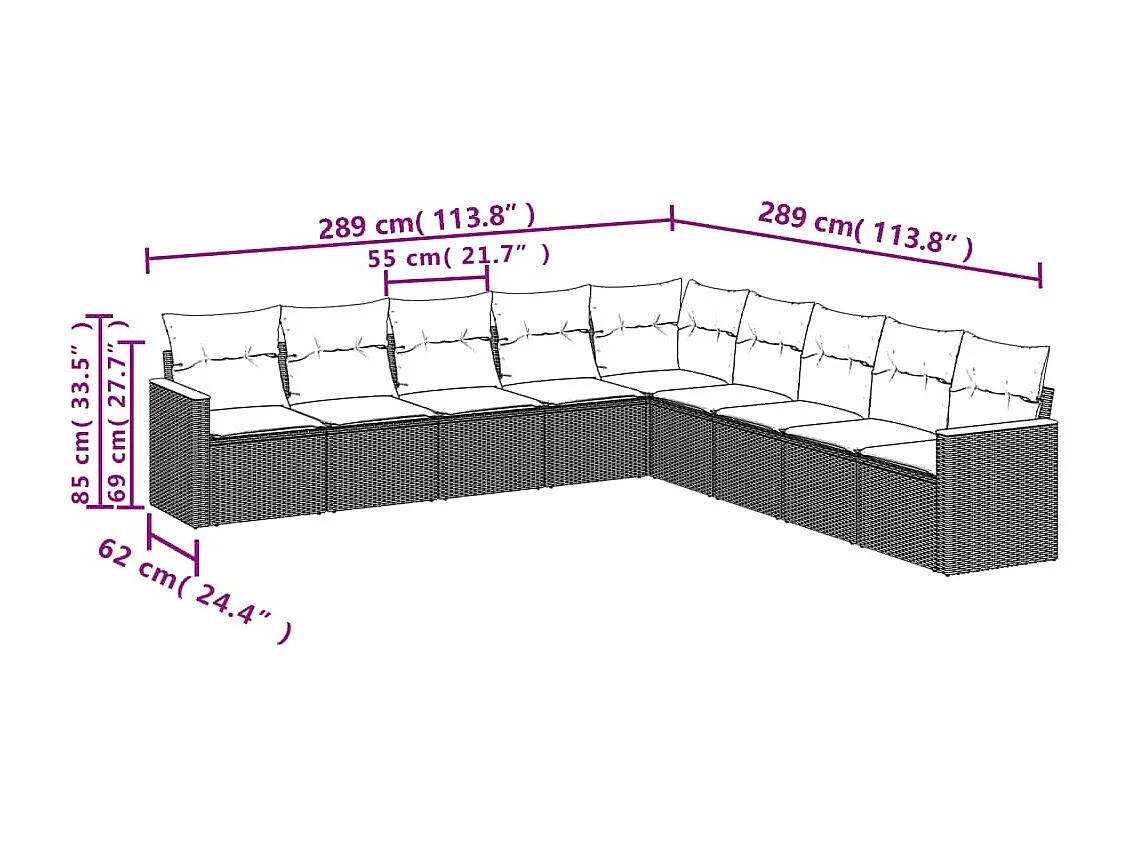 9-tlg. Garten-Sofagarnitur mit Kissen Schwarz Poly Rattan