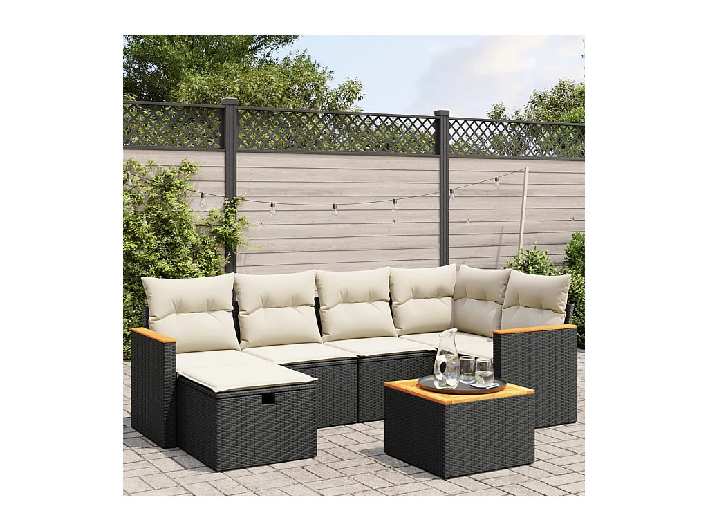 Set de comedor de jardín 7 pzas y cojines ratán sintético negro