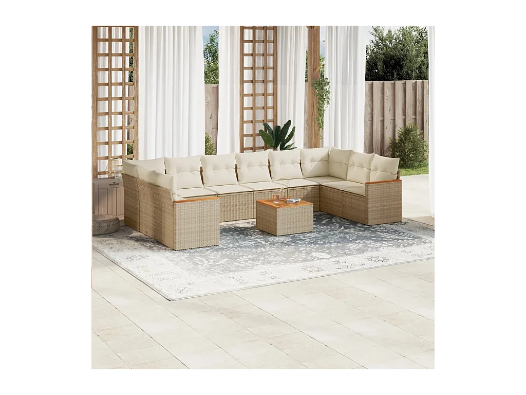 Salon de jardin 11 pcs avec coussins beige résine tressée