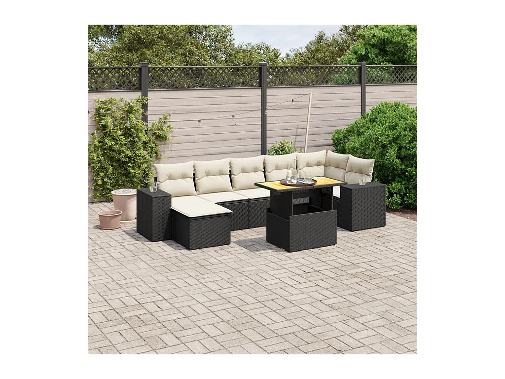 Salon de jardin 8 pcs avec coussins noir résine tressée