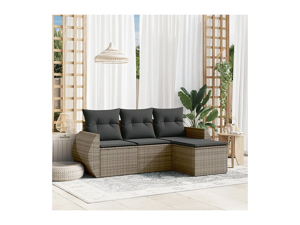 Salon de jardin 4 pcs avec coussins gris résine tressée