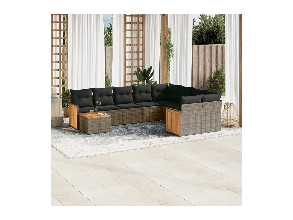 Salon de jardin avec coussins 10 pcs gris résine tressée