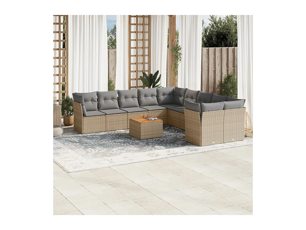 Set Divano da Giardino 11 pz con Cuscini Beige Misto Polyrattan
