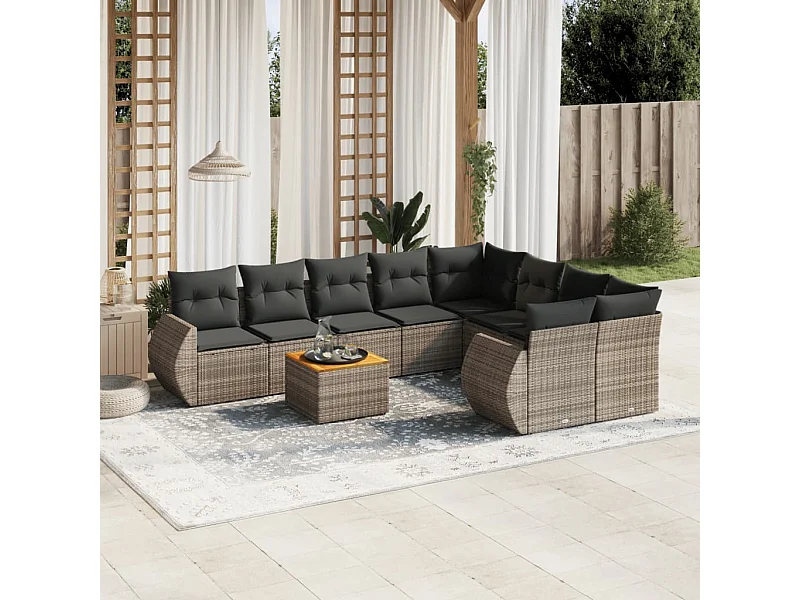 9-tlg. Garten-Sofagarnitur mit Kissen Grau Poly Rattan