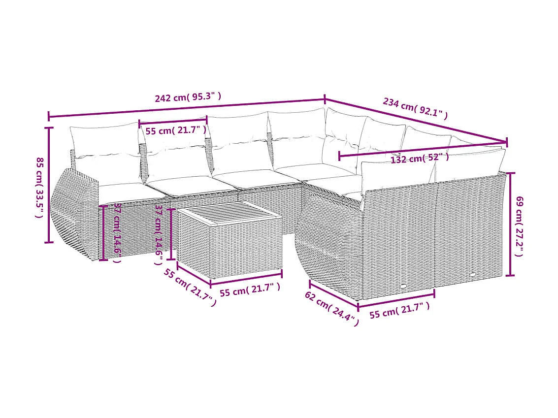 Set Divano da Giardino 9 pz con Cuscini Grigio in Polyrattan