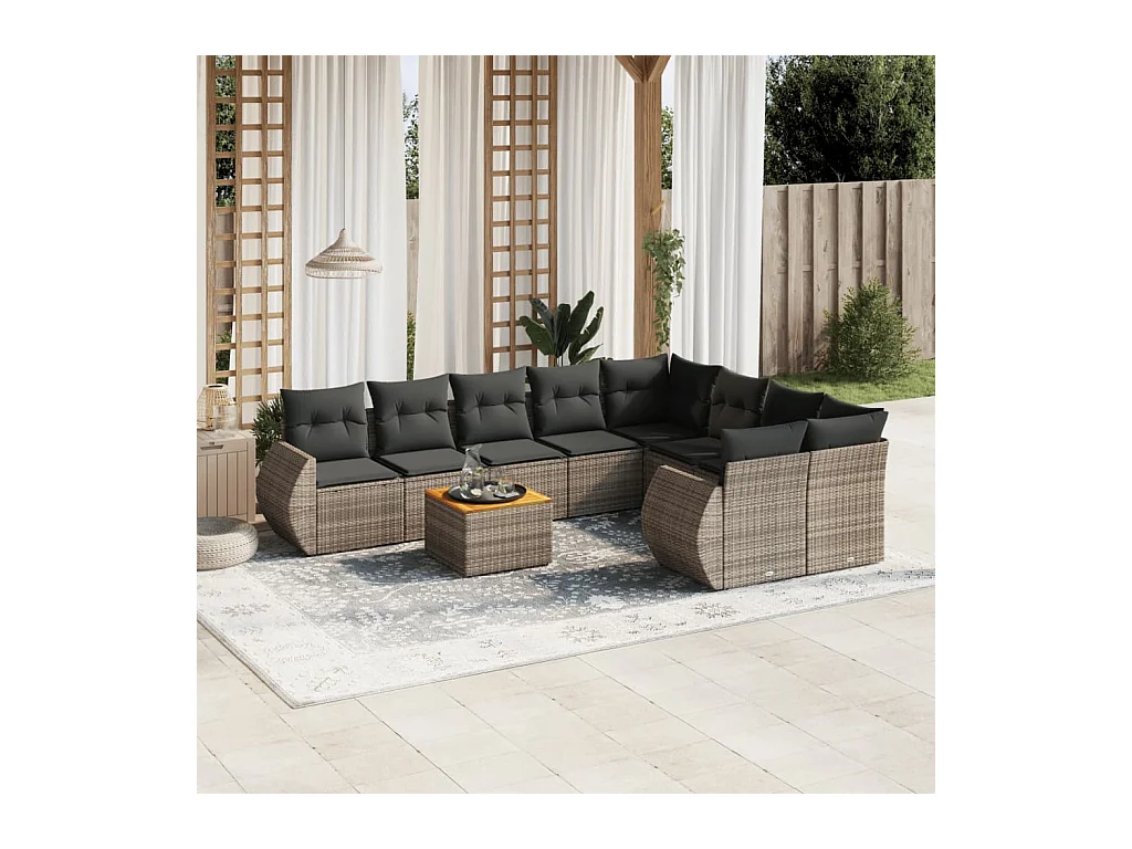 Salon de jardin 9 pcs avec coussins gris résine tressée