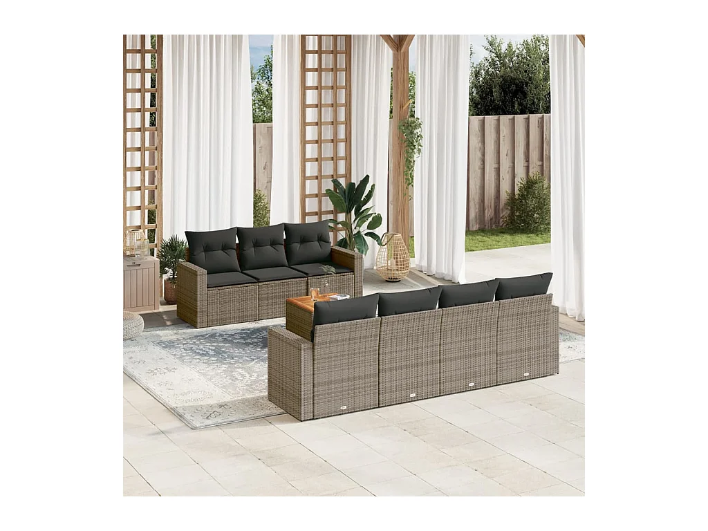 Salon de jardin 8 pcs avec coussins gris résine tressée