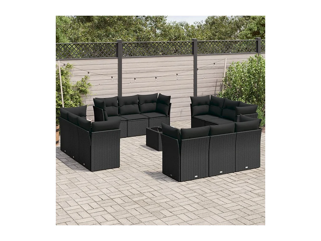 Set Divani da Giardino 13pz con Cuscini Nero in Polyrattan