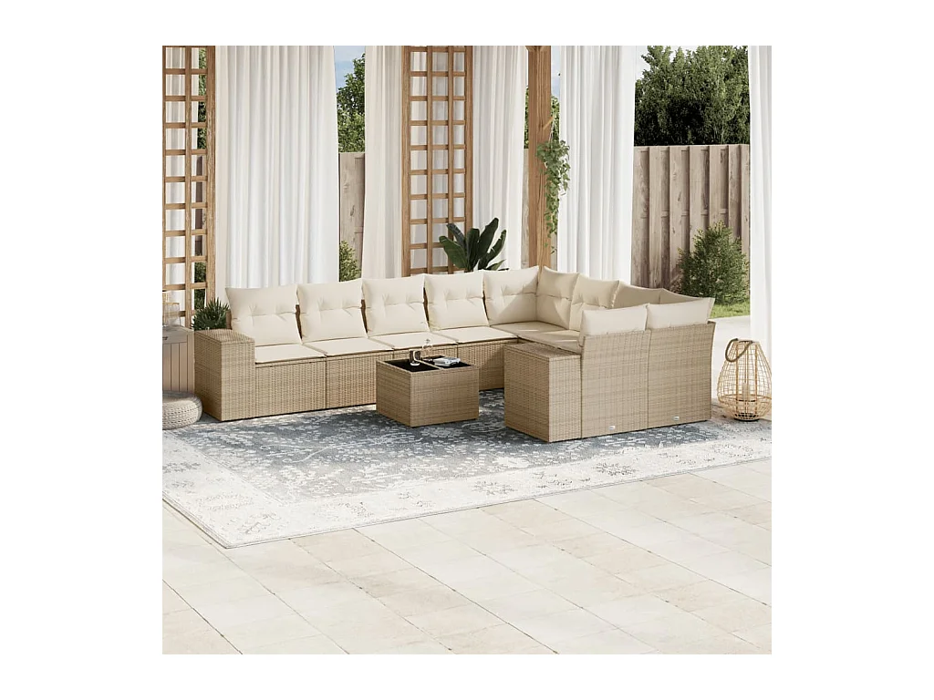 Set Divano da Giardino 10 pz con Cuscini Beige in Polyrattan