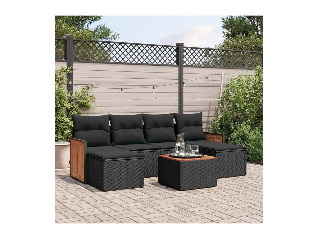Salon de jardin 7 pcs avec coussins noir résine tressée