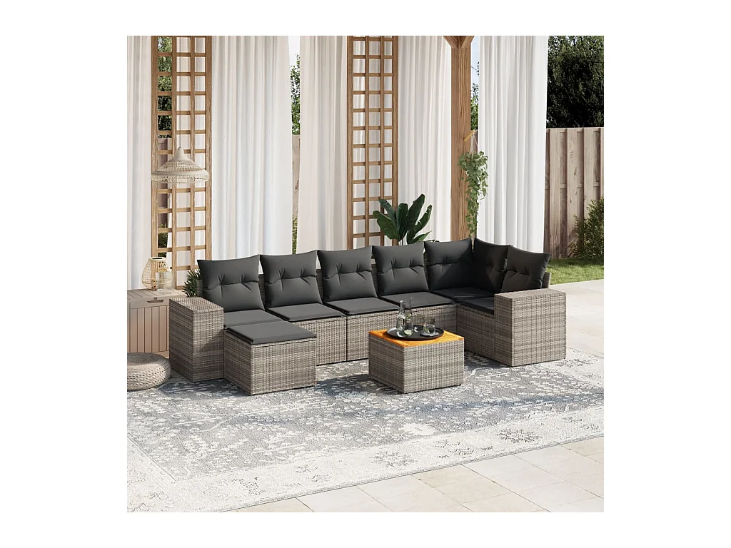 8-delige Loungeset met kussens poly rattan grijs