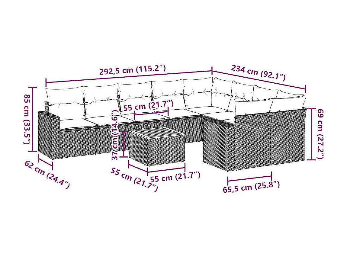 Salon de jardin 10 pcs avec coussins noir résine tressée