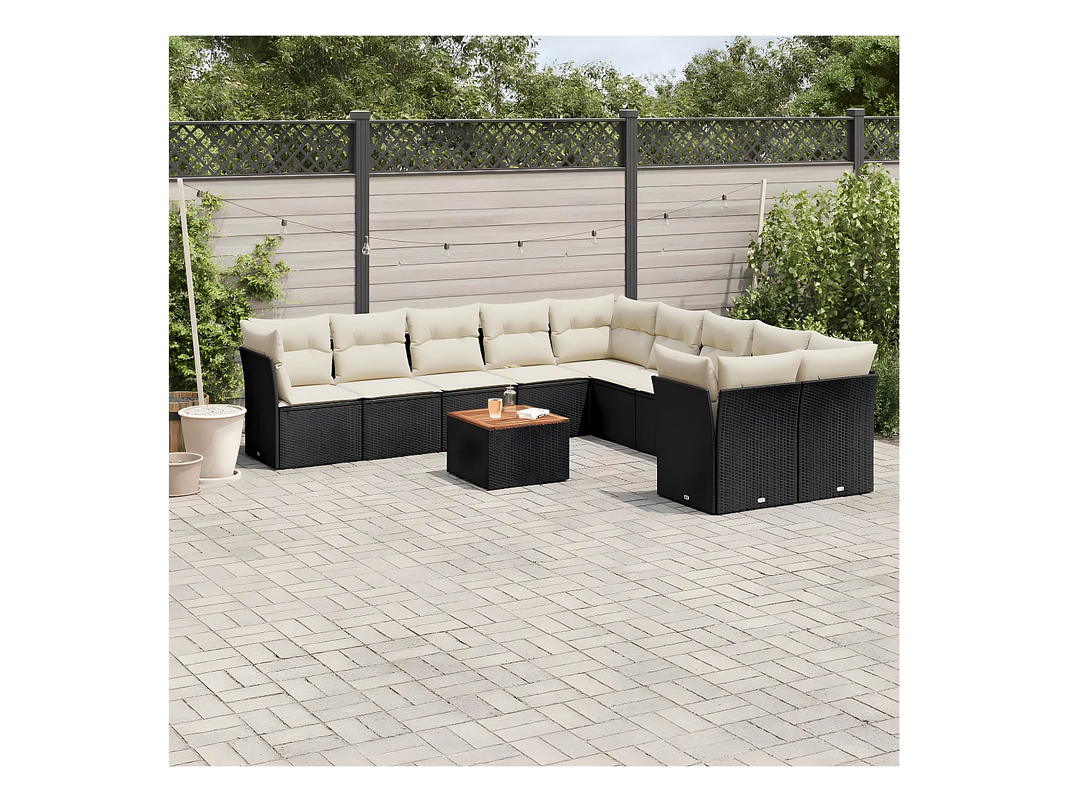 Salon de jardin 11 pcs avec coussins noir résine tressée
