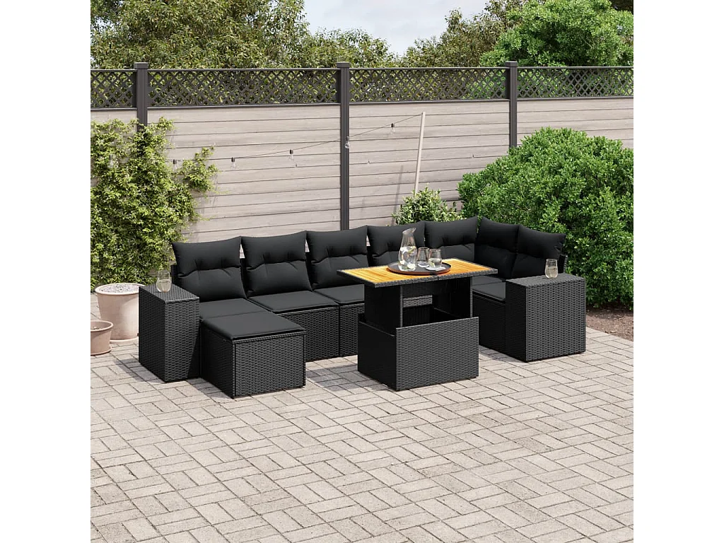 Set Divani da Giardino con Cuscini 8 pz Nero in Polyrattan