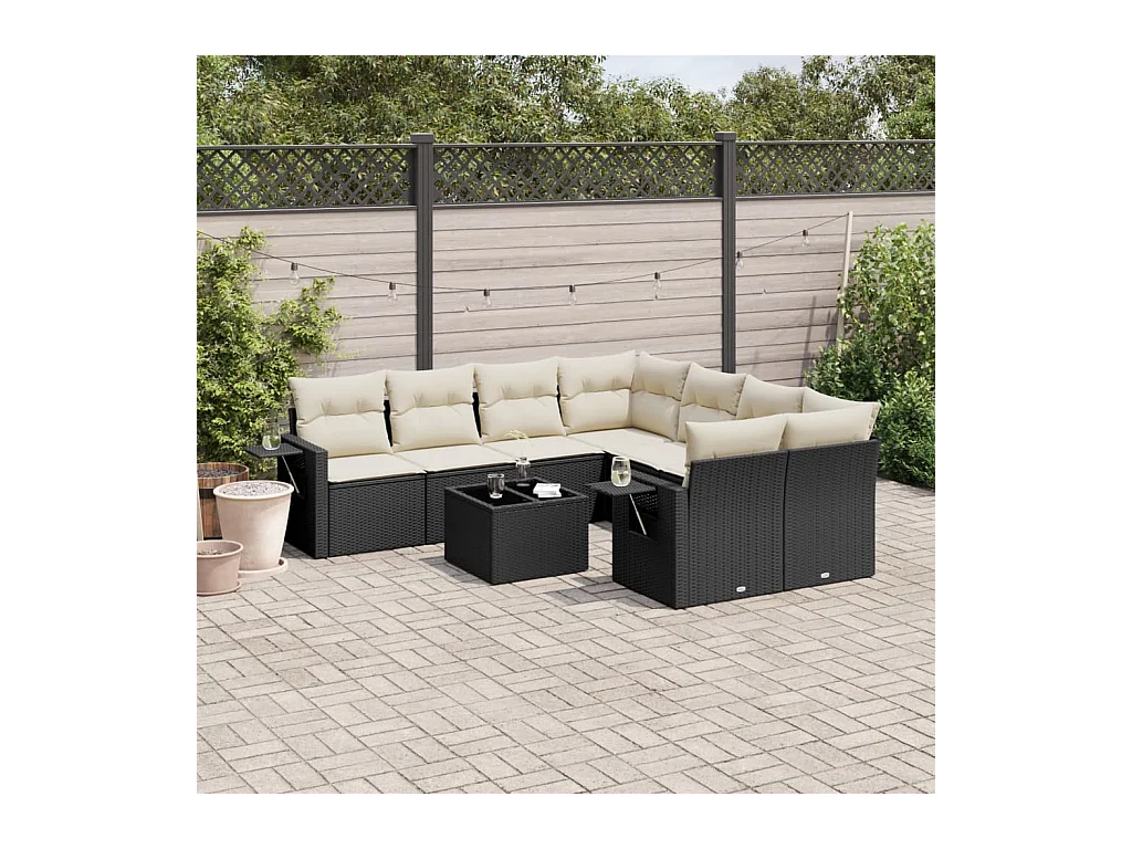 9-tlg. Garten-Sofagarnitur mit Kissen Schwarz Poly Rattan
