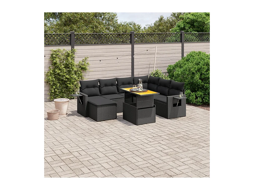 Salon de jardin 8 pcs avec coussins noir résine tressée