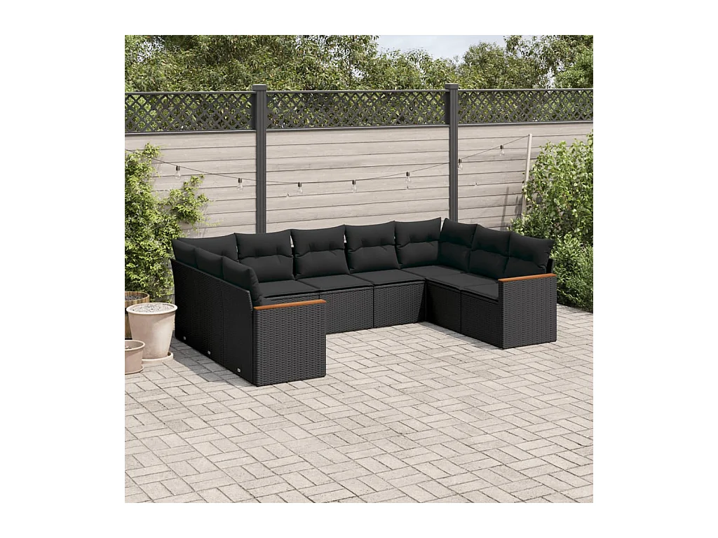 Salon de jardin 9 pcs avec coussins noir résine tressée