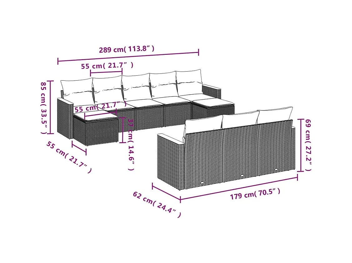 Salon de jardin avec coussins 10 pcs beige résine tressée