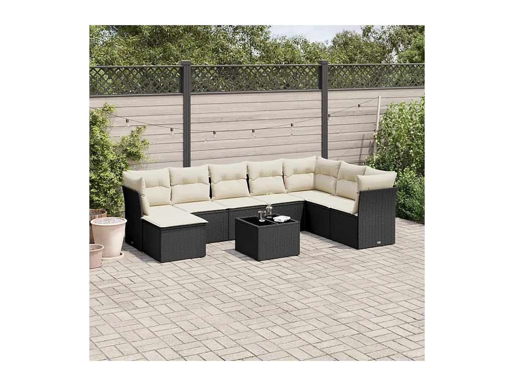 Set Divani da Giardino 9 pz con Cuscini Nero in Polyrattan
