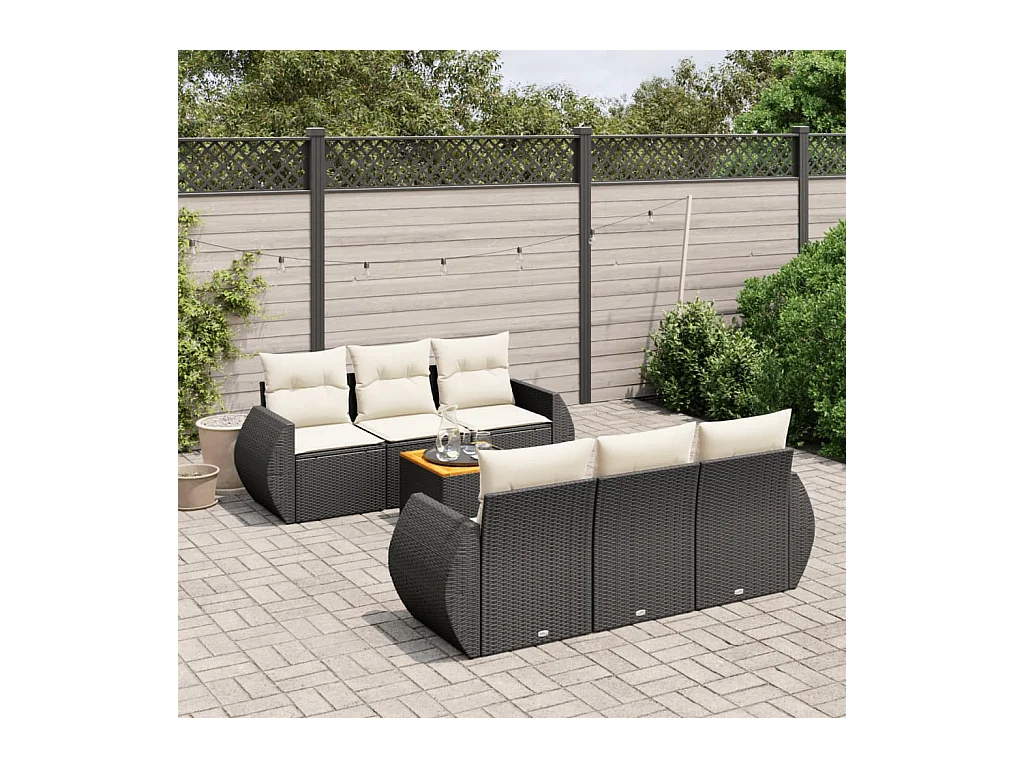 Salon de jardin 7 pcs avec coussins noir résine tressée