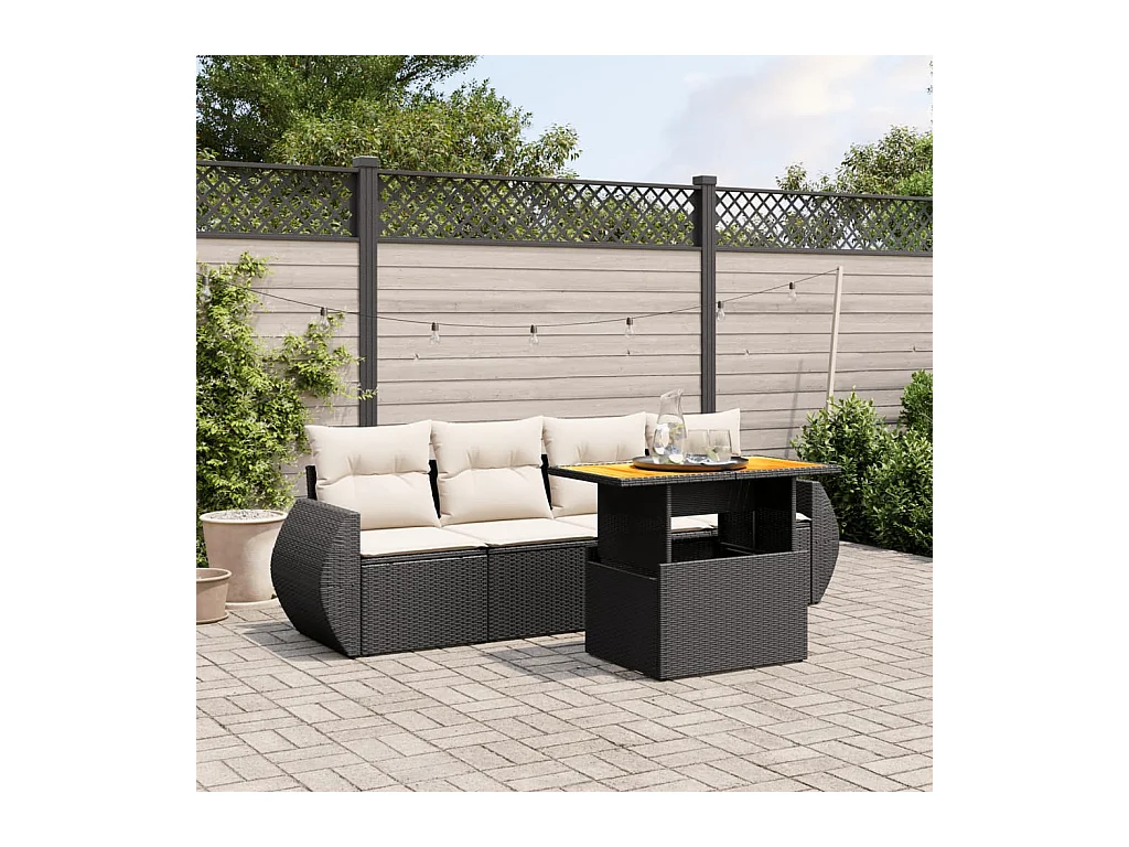 Salon de jardin 5 pcs avec coussins noir résine tressée
