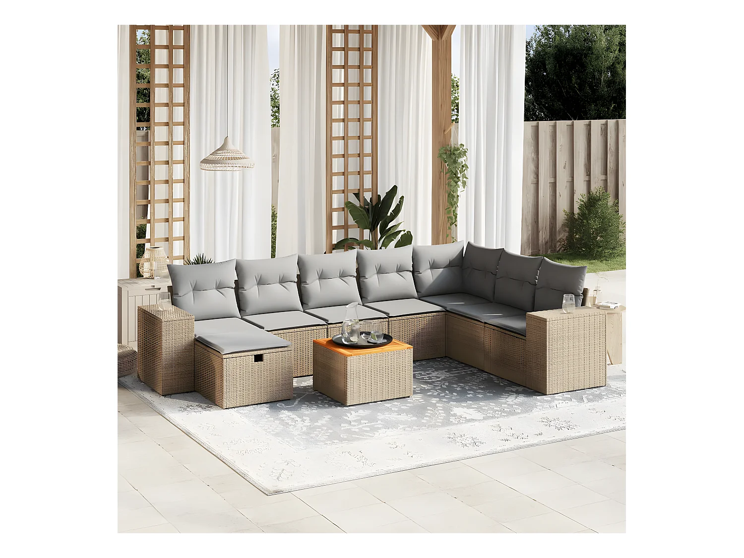 9-delige Loungeset met kussens poly rattan gemengd beige