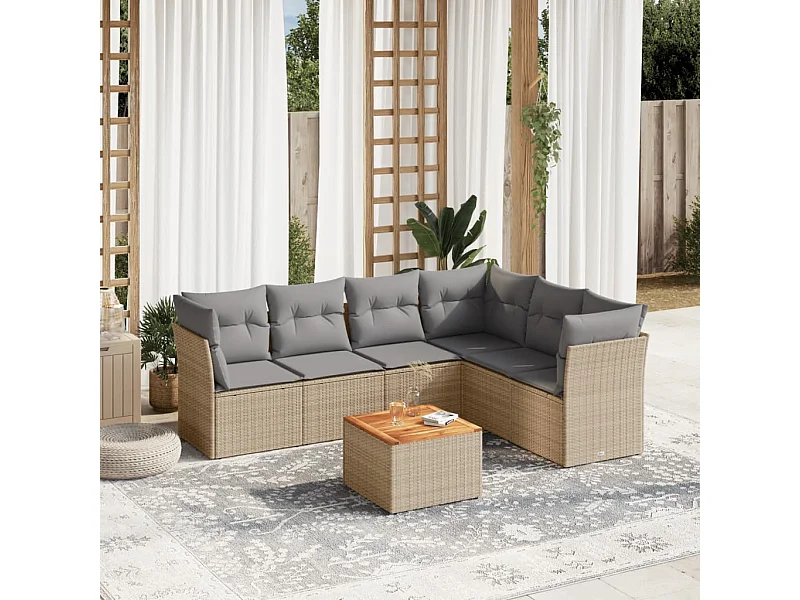 Set Divano da Giardino 7 pz con Cuscini Beige Misto Polyrattan