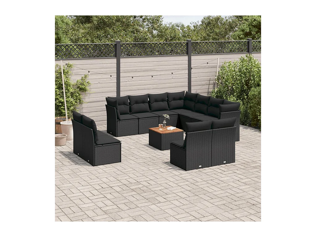 Salon de jardin 12 pcs avec coussins noir résine tressée