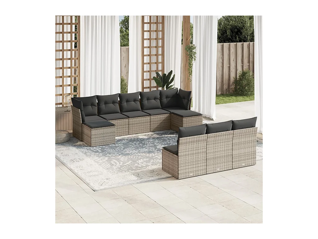10-tlg. Garten-Sofagarnitur mit Kissen Grau Poly Rattan