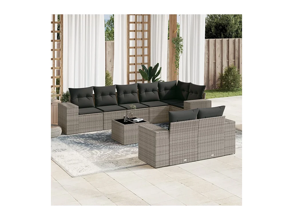 9-delige Loungeset met kussens poly rattan grijs