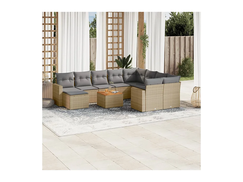 Salon de jardin et coussins 11 pcs mélange beige résine tressée