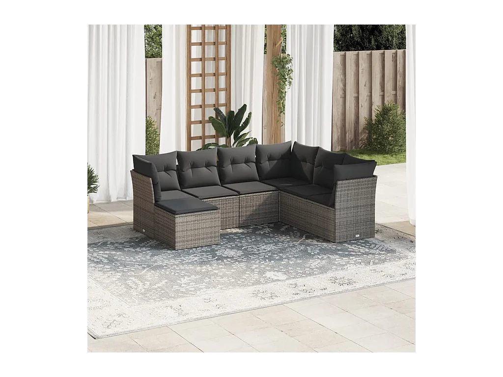 7-delige Loungeset met kussens poly rattan grijs