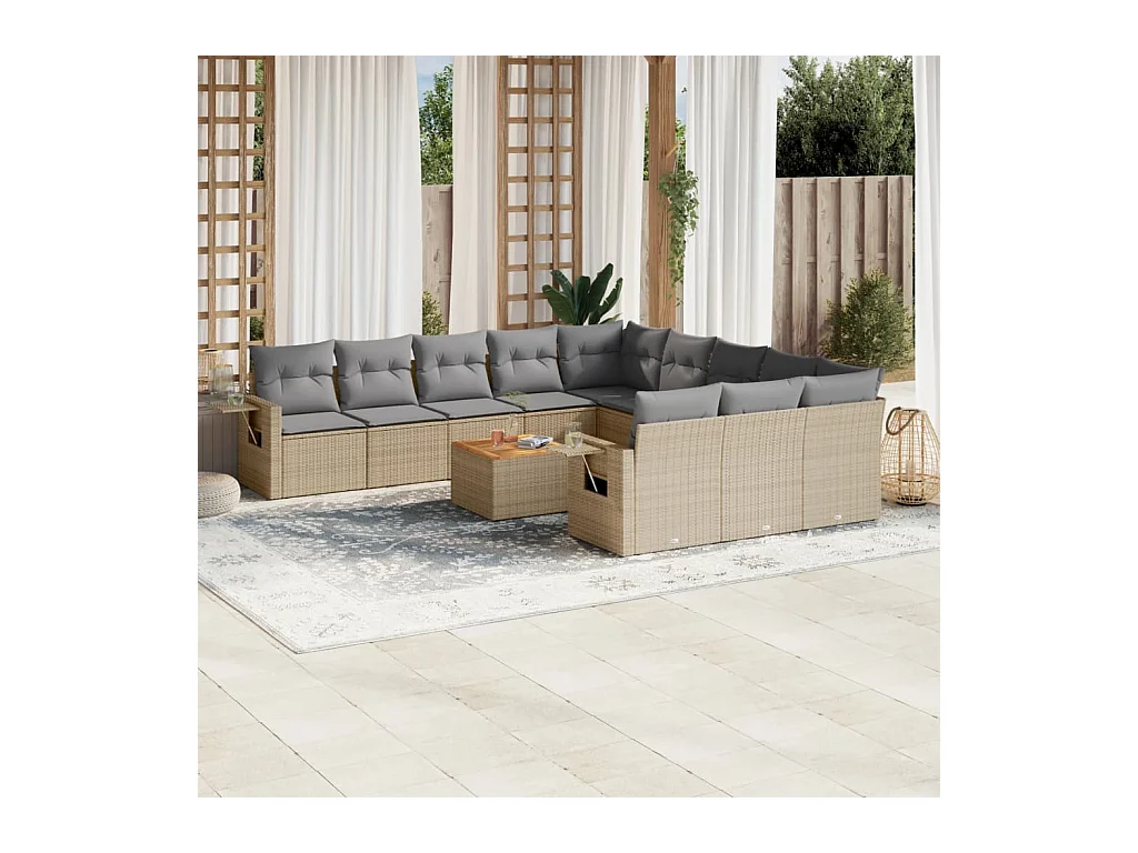 Salon de jardin et coussins 12 pcs mélange beige résine tressée