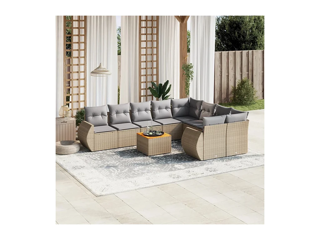 Salon de jardin avec coussins 10 pcs beige résine tressée