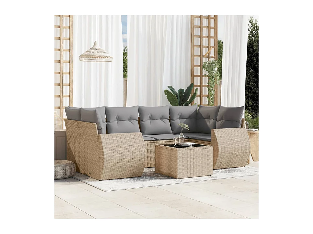 Salon de jardin avec coussins 7 pcs beige résine tressée