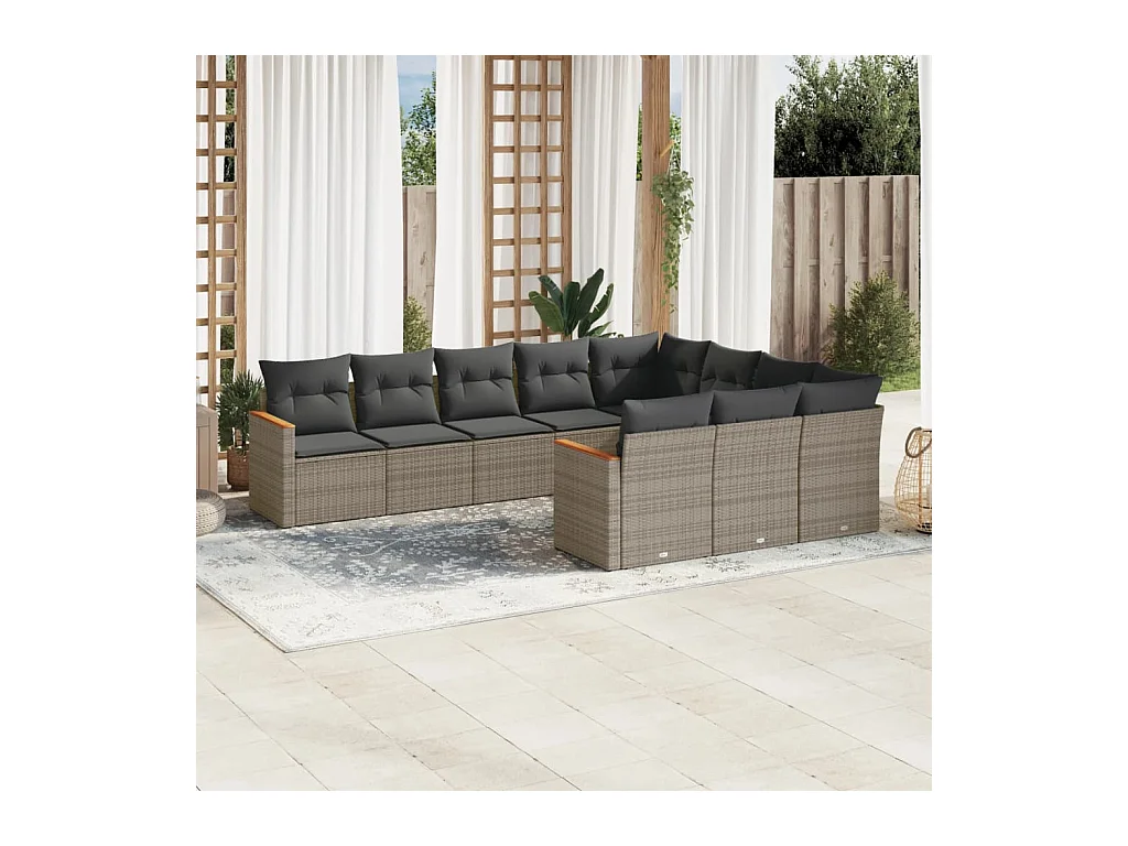Set Divano da Giardino 10 pz con Cuscini Grigio in Polyrattan
