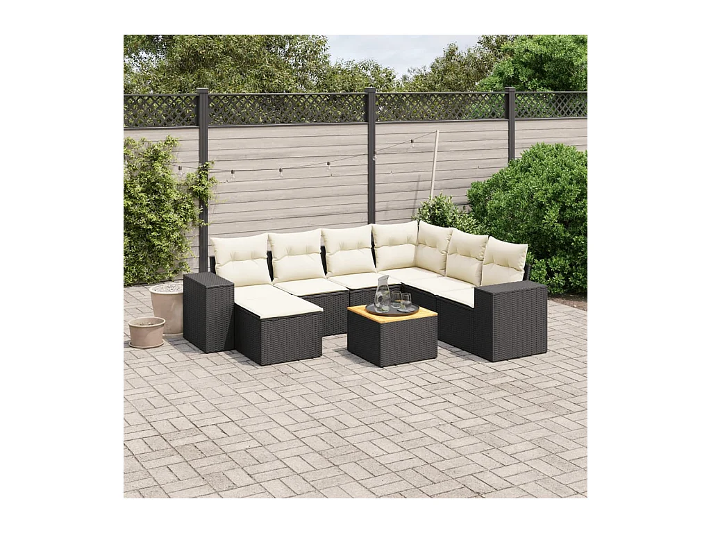 8-delige Loungeset met kussens poly rattan zwart
