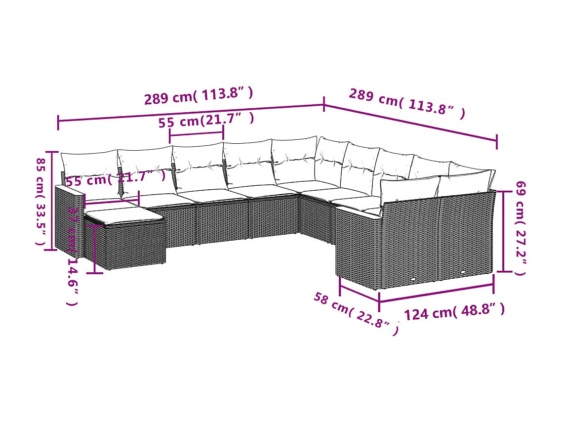 11-tlg. Garten-Sofagarnitur mit Kissen Schwarz Poly Rattan