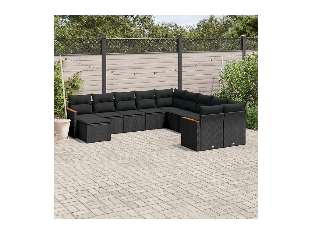 Salon de jardin 11 pcs avec coussins noir résine tressée