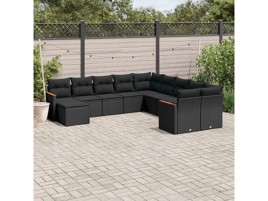 Salon de jardin 11 pcs avec coussins noir résine tressée