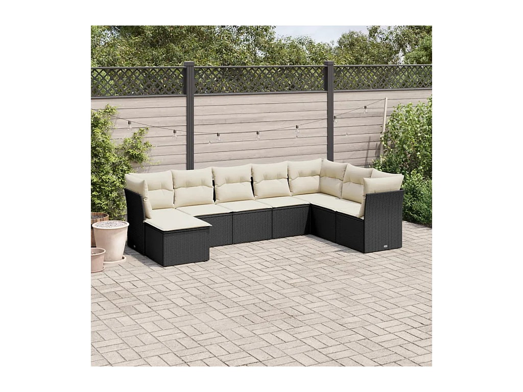 8-delige Loungeset met kussens poly rattan zwart