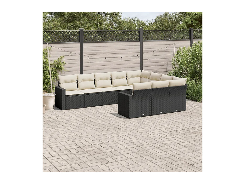 10-delige Loungeset met kussens poly rattan zwart