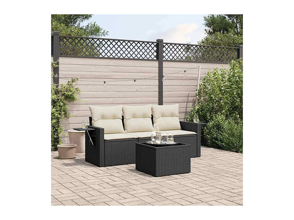 4-tlg. Garten-Sofagarnitur mit Kissen Schwarz Poly Rattan